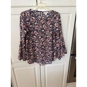 LC Lauren Conrad Navy Floral Bell-Sleeve Blouse